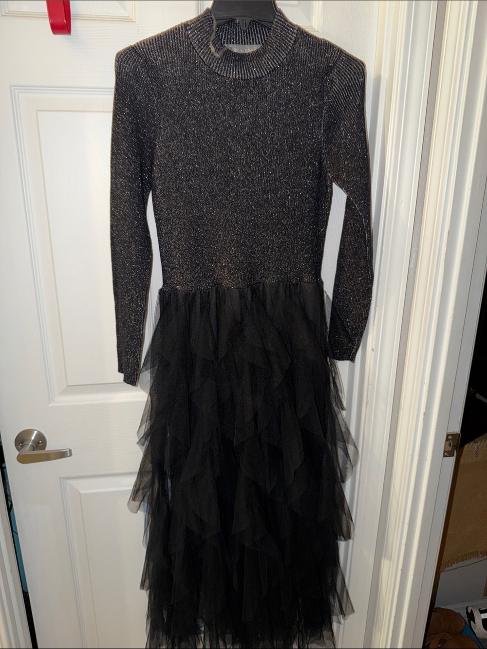 Girls Black Sparkle Knit Top with Tiered Tulle Skirt Dress